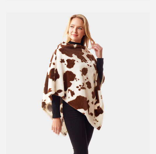 Cow print faux fur Poncho | brown