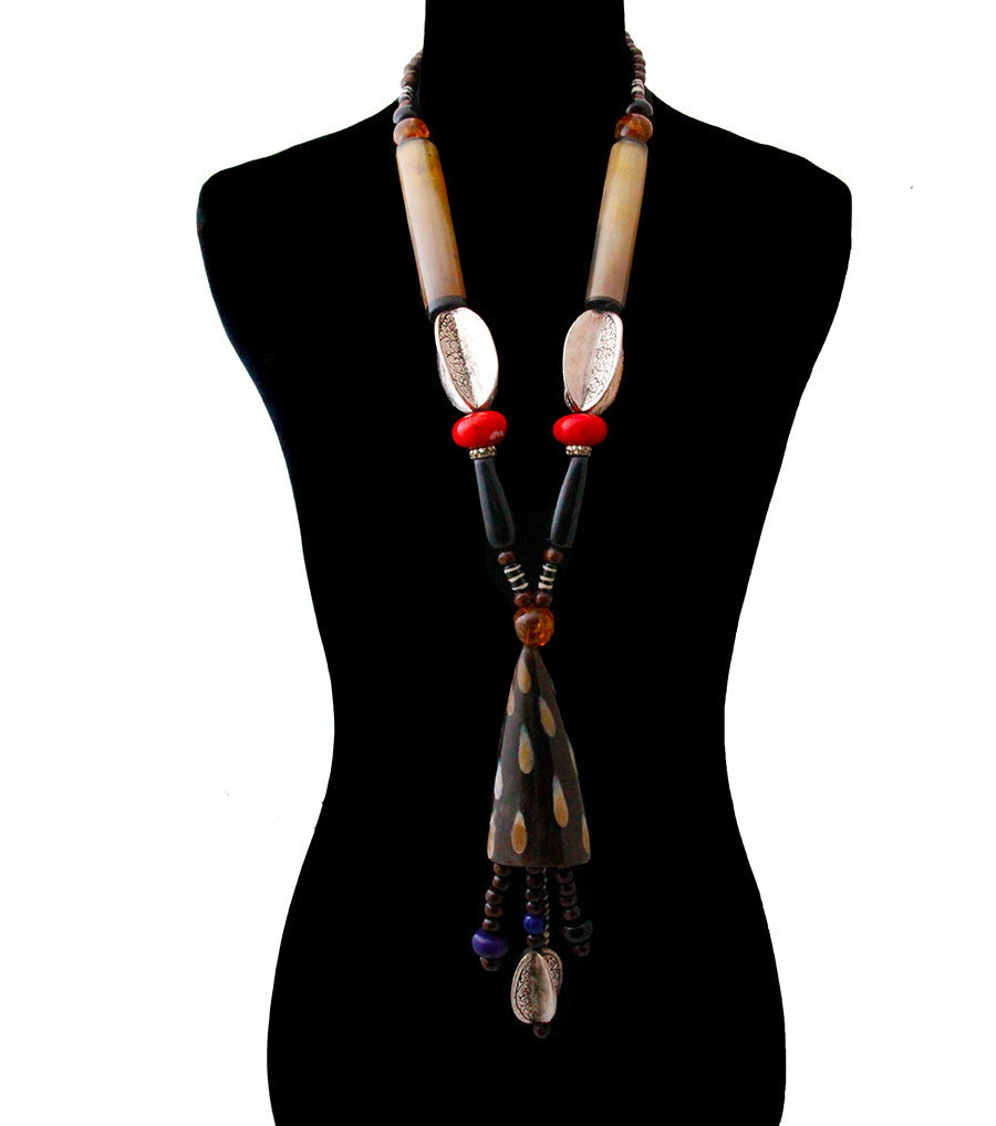 Beaded BuffaloHorn Tassel Necklace