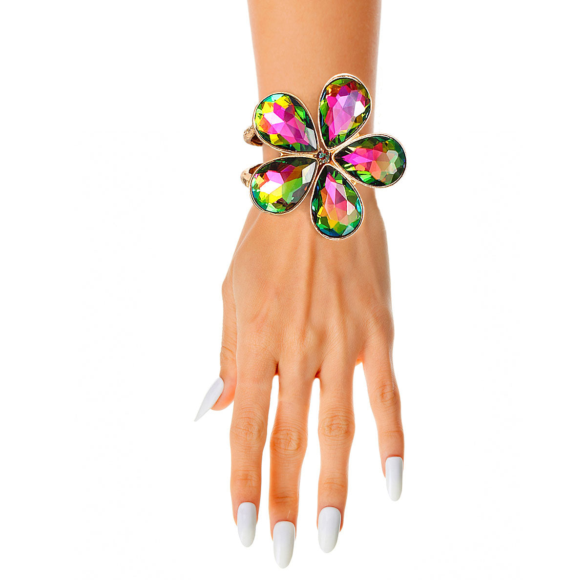 Pink Green Daisy Crystal Cuff