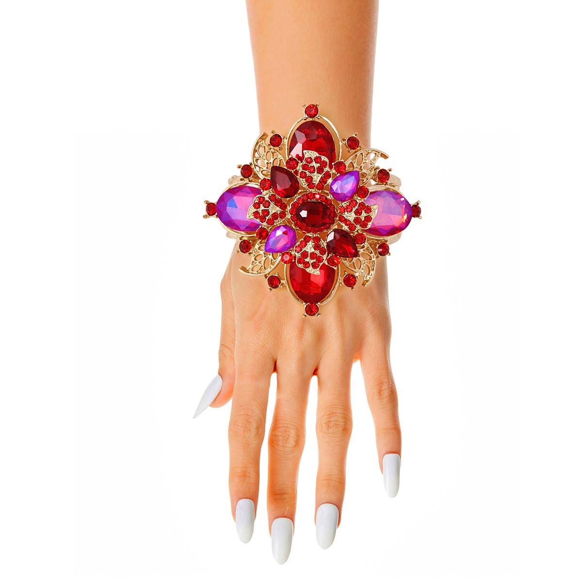 Red Filigree Crystal Flower Cuff