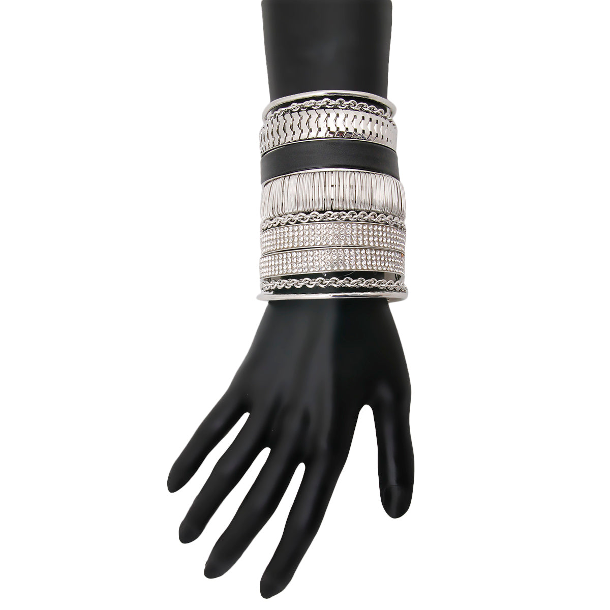 Silver Cuff with Variety of Chain Links Rhinestones and Black Vegan Leather