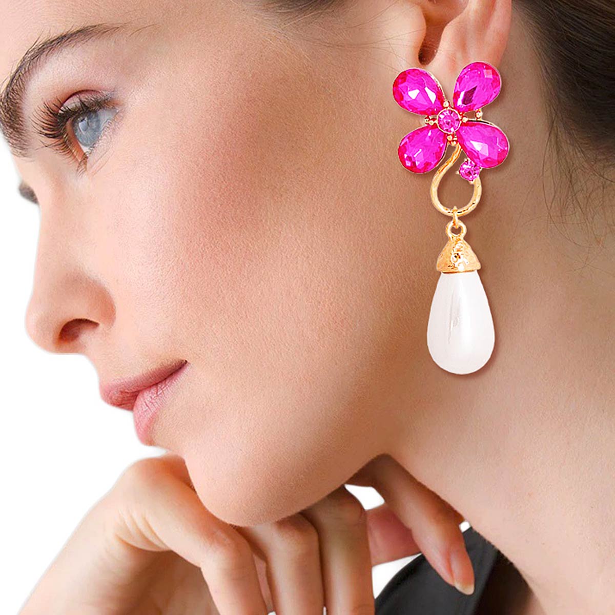 Fuchsia Flower Pearl Teardrop Earrings