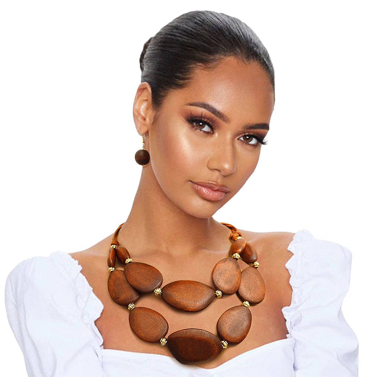 Brown Wood Layered Cord Necklace