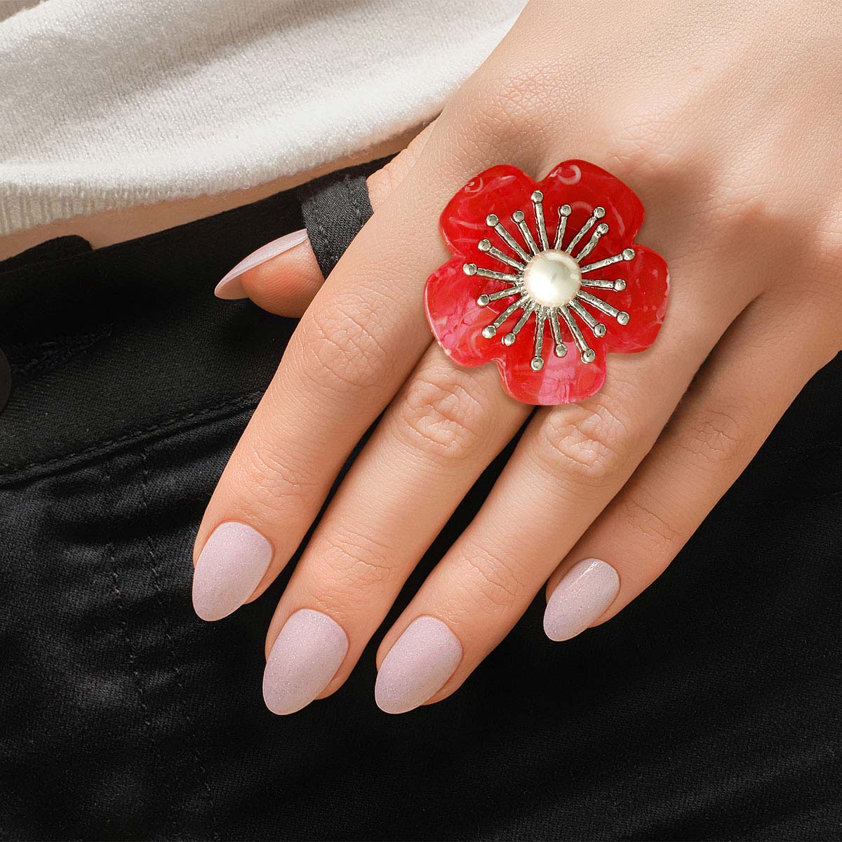 Marbled Red Flower Silver Ring