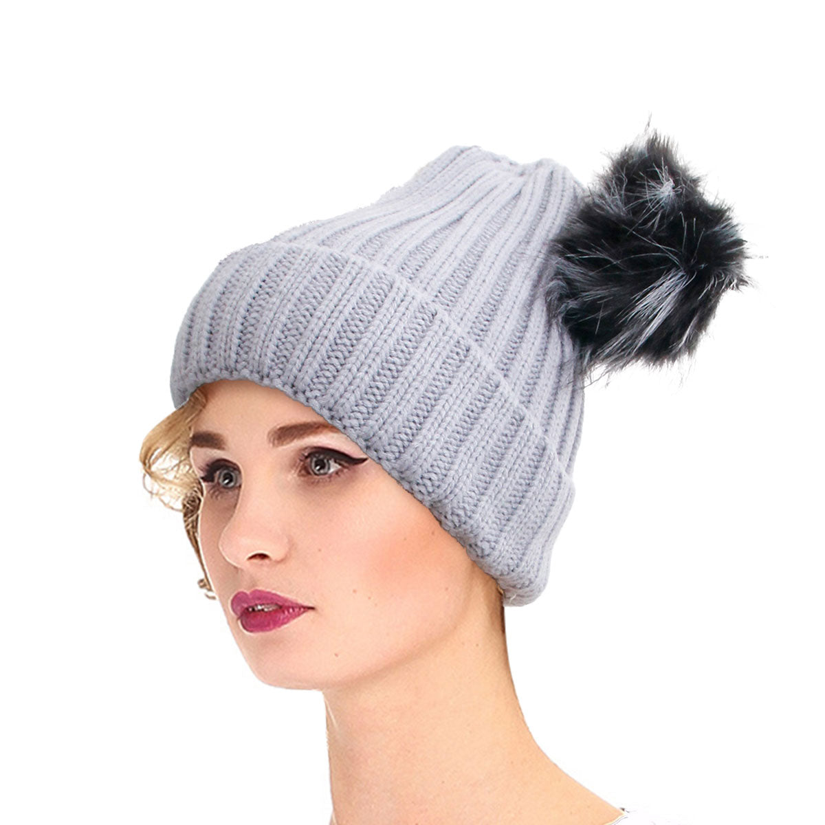 Gray Blue Knit Double Pom Pom Hat