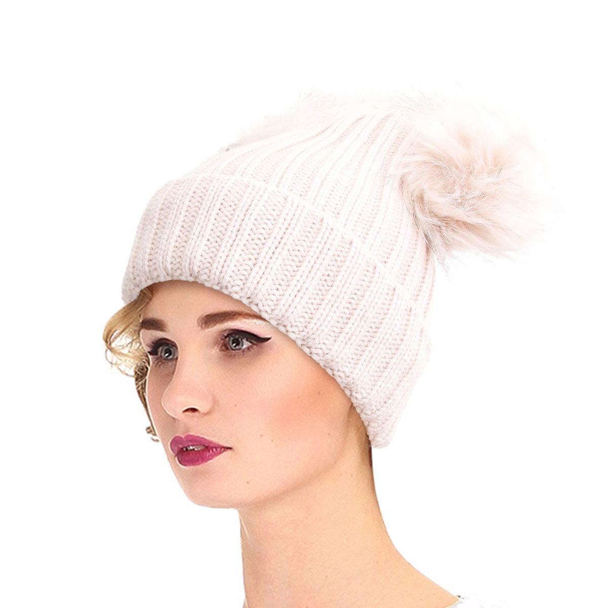 Light Brown Knit Double Pom Pom Hat
