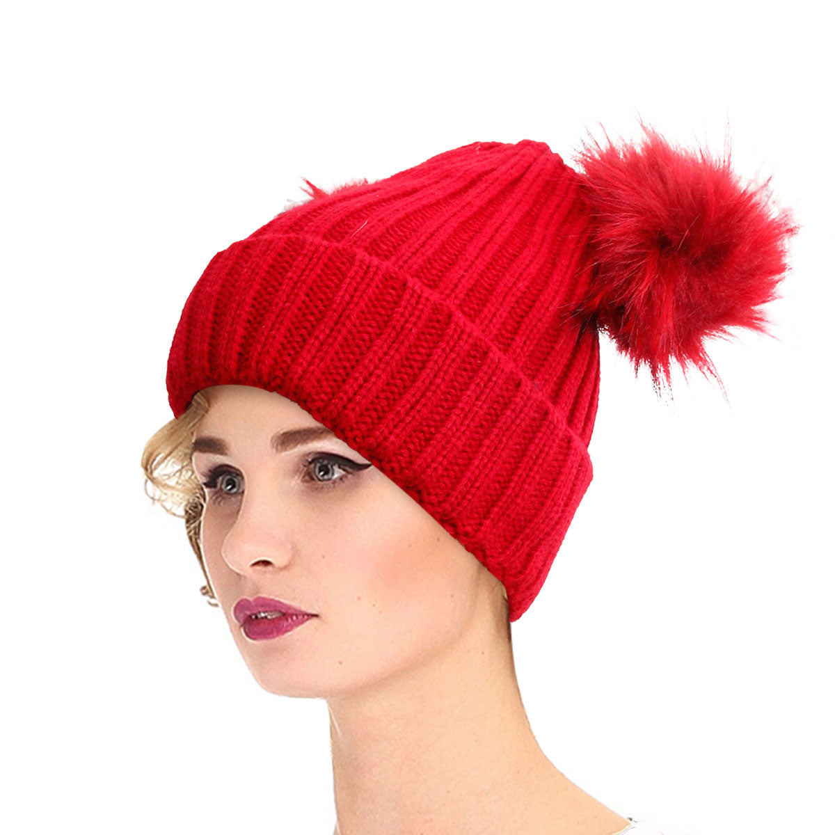 Red Knit Double Pom Pom Hat