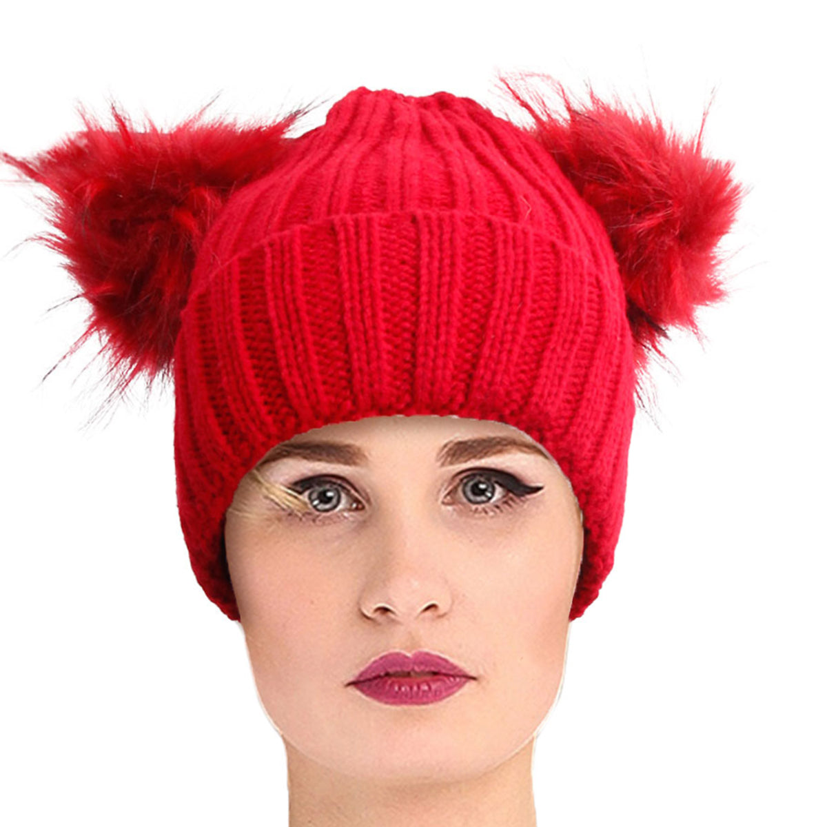 Red Knit Double Pom Pom Hat