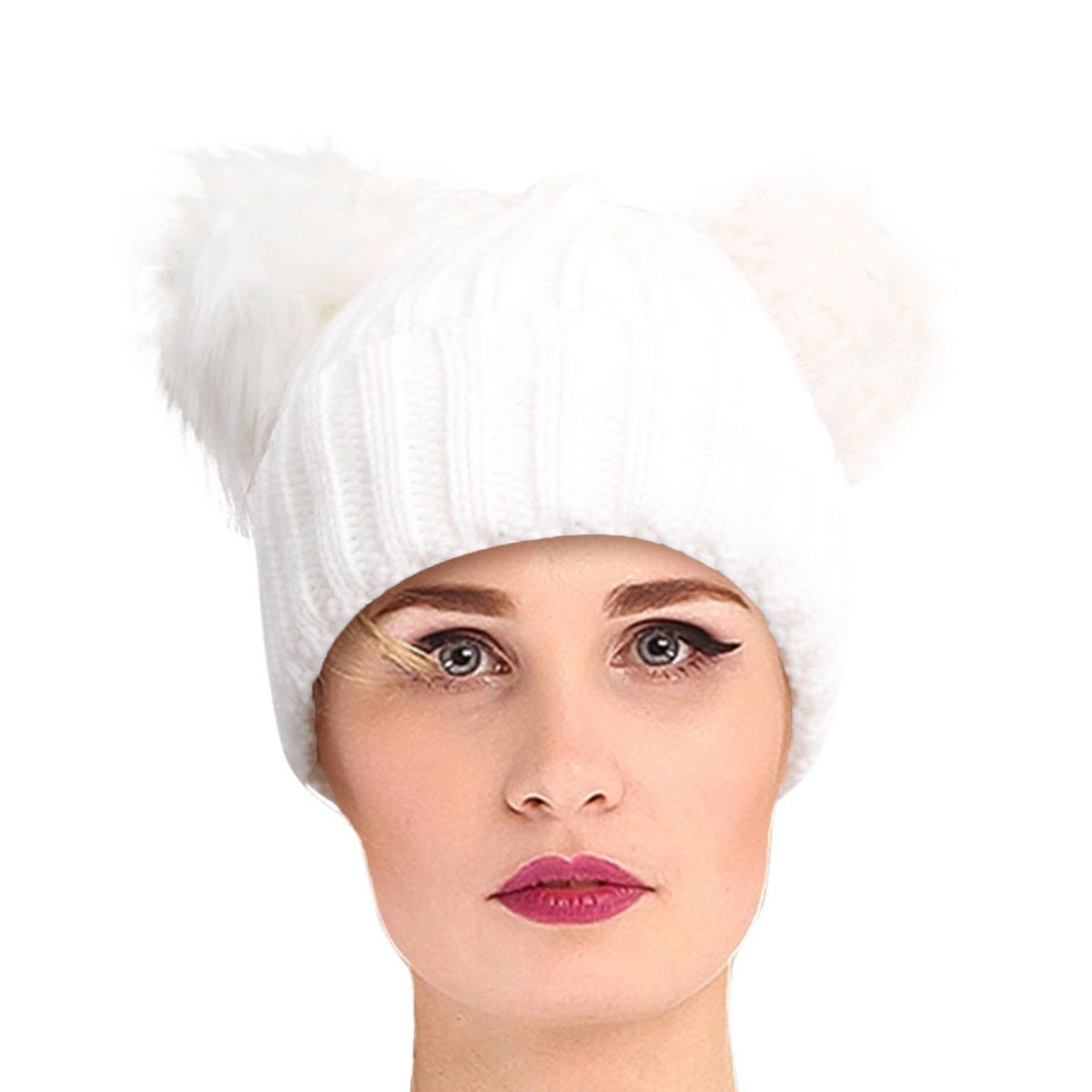 White Knit Double Pom Pom Hat