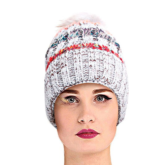 Gray Stripe Knit Fleece Lined Hat