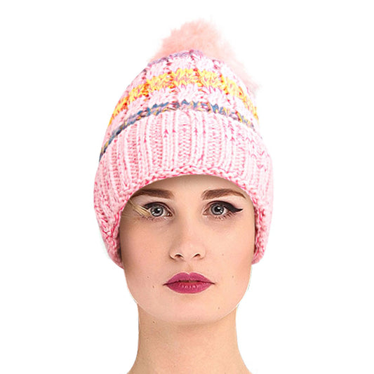 Pink Stripe Knit Fleece Lined Hat