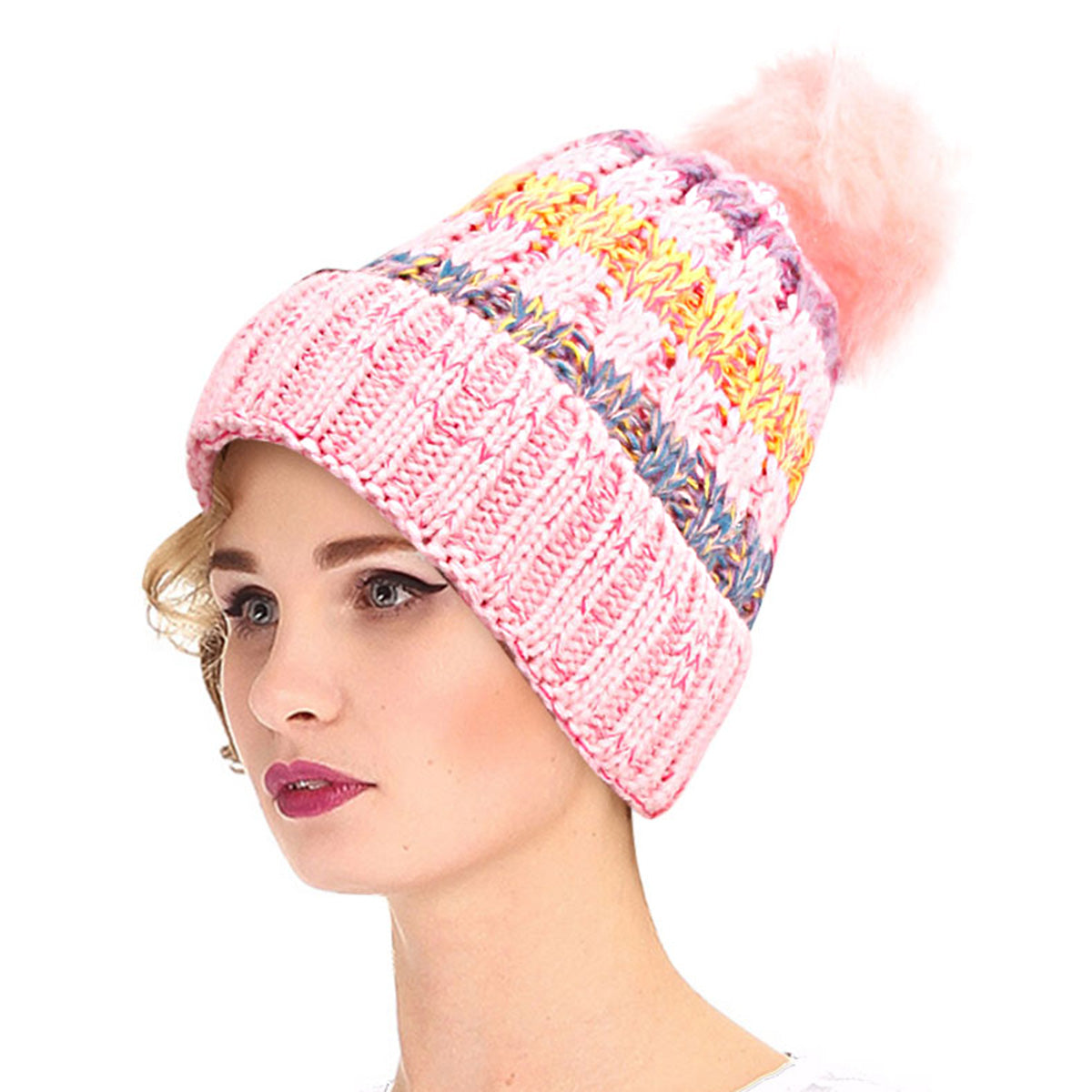 Pink Stripe Knit Fleece Lined Hat
