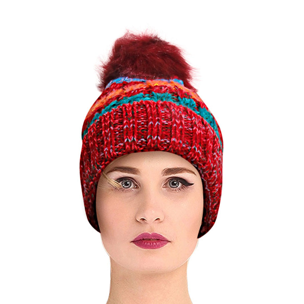 Red Stripe Knit Fleece Lined Hat