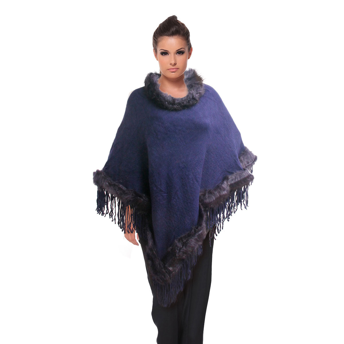 Navy Fur and Fringe Poncho