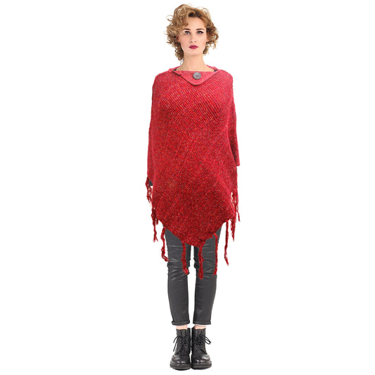 Burgundy Knit Button Poncho
