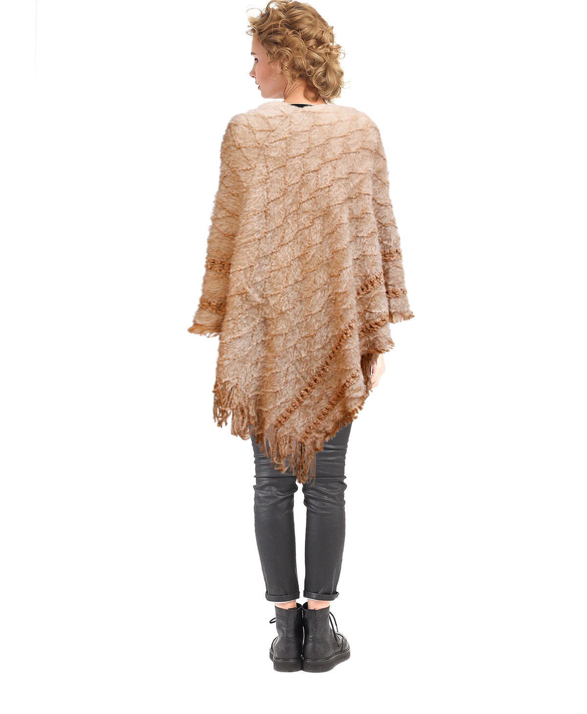 Light Brown Diamond Detail Fringe Poncho