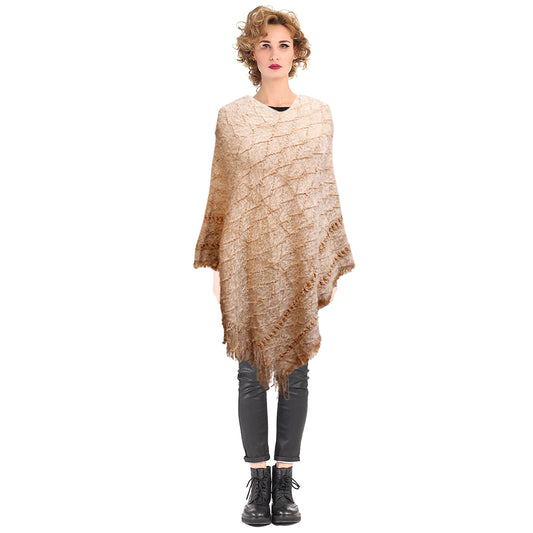 Light Brown Diamond Detail Fringe Poncho