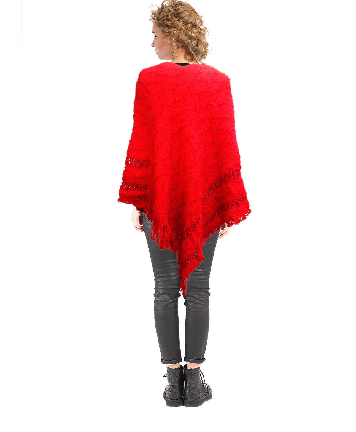 Red Diamond Detail Fringe Poncho