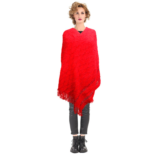 Red Diamond Detail Fringe Poncho