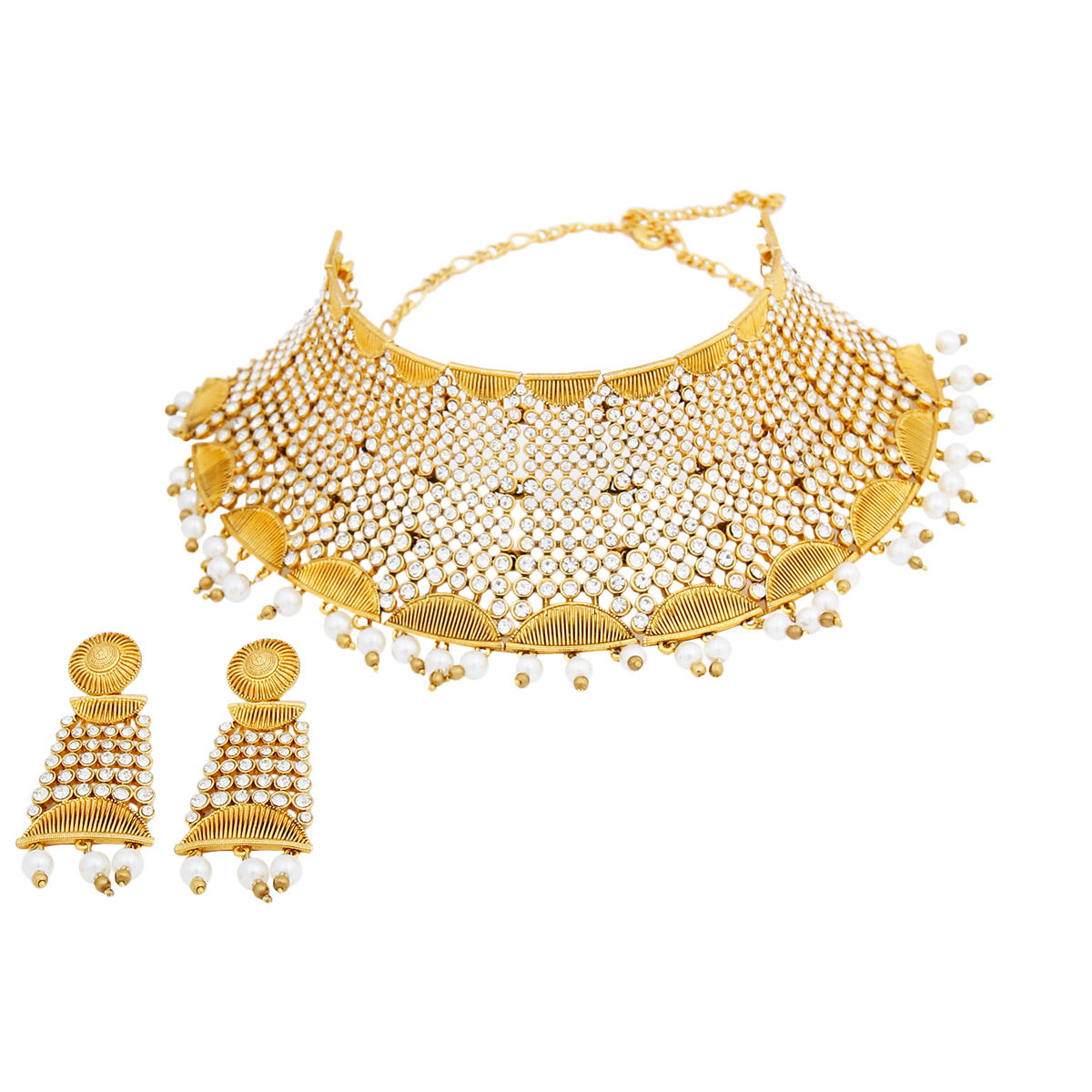 Gold and Round Rhinestone Rigid Collar Choker Necklace Set with Drop Pearl Detail