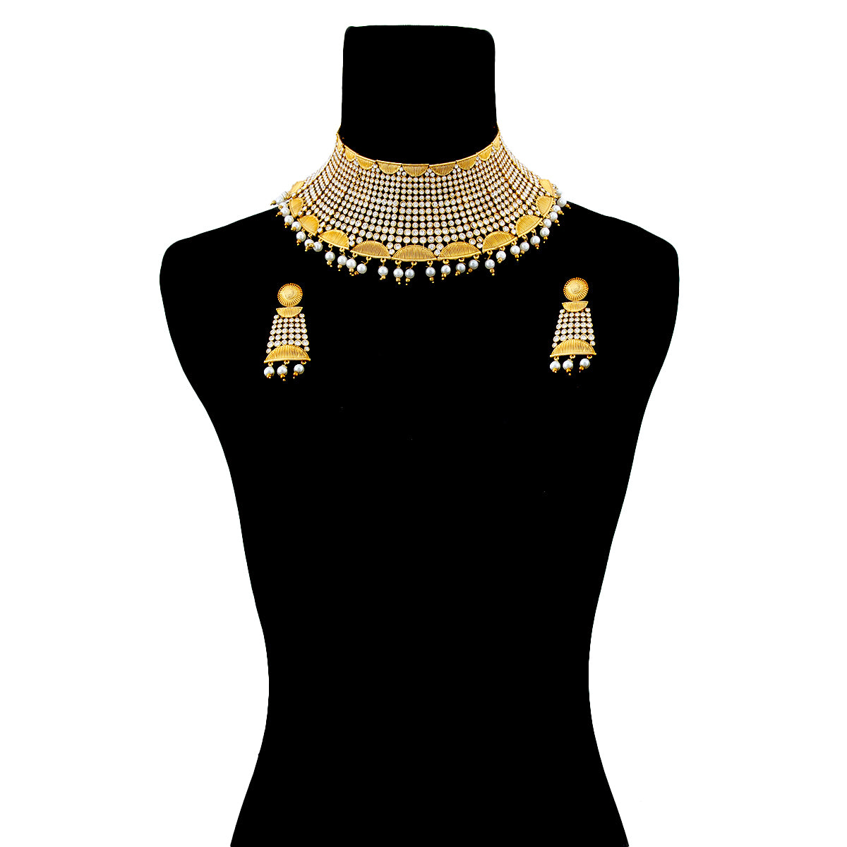 Gold and Round Rhinestone Rigid Collar Choker Necklace Set with Drop Pearl Detail