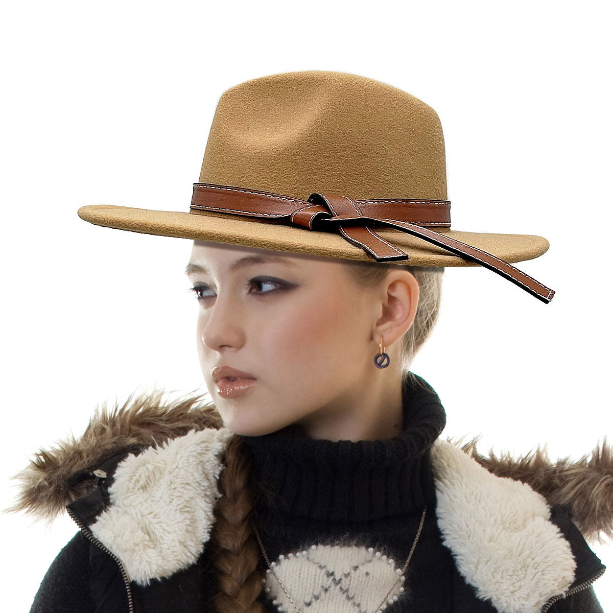Leather Ribbon Camel Wide Brim Fedora