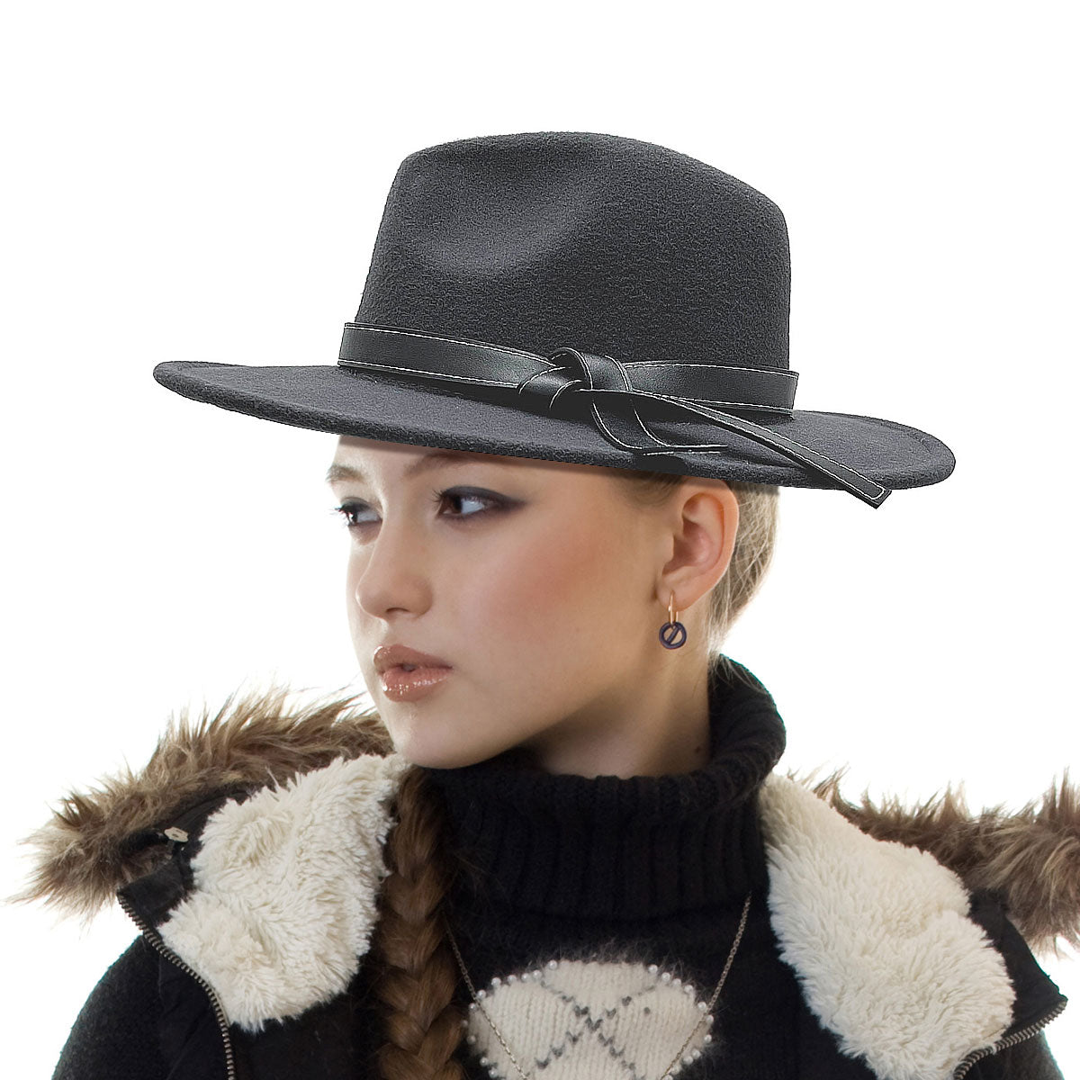 Leather Ribbon Gray Wide Brim Fedora