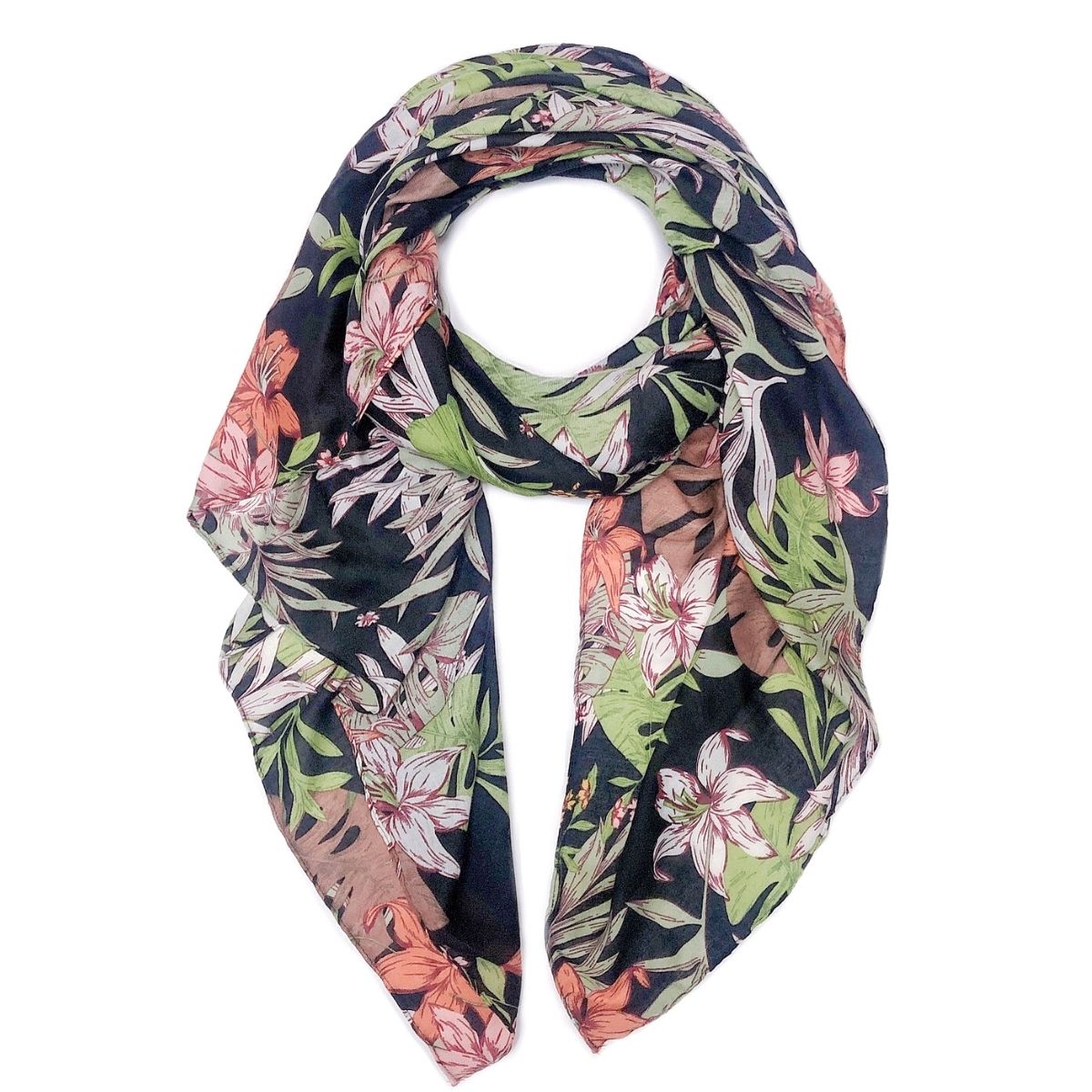 Long Black Palm Leaf Print Scarf