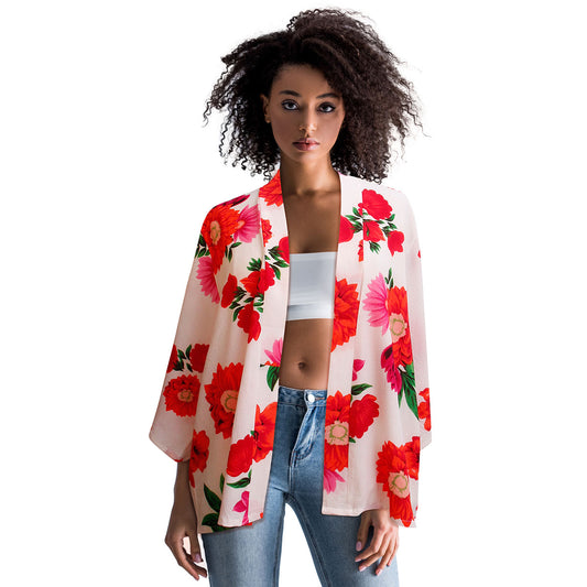 White Pink Flower Kimono