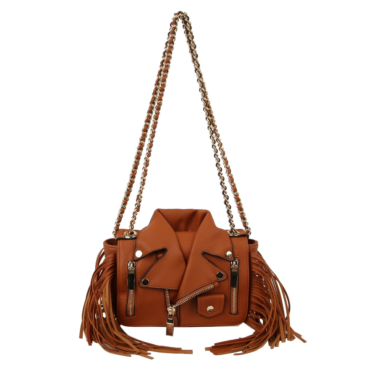 Brown Moto Jacket Fringe Crossbody