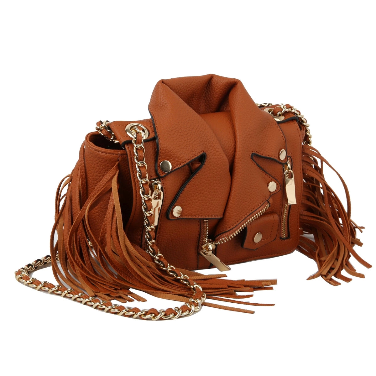 Brown Moto Jacket Fringe Crossbody