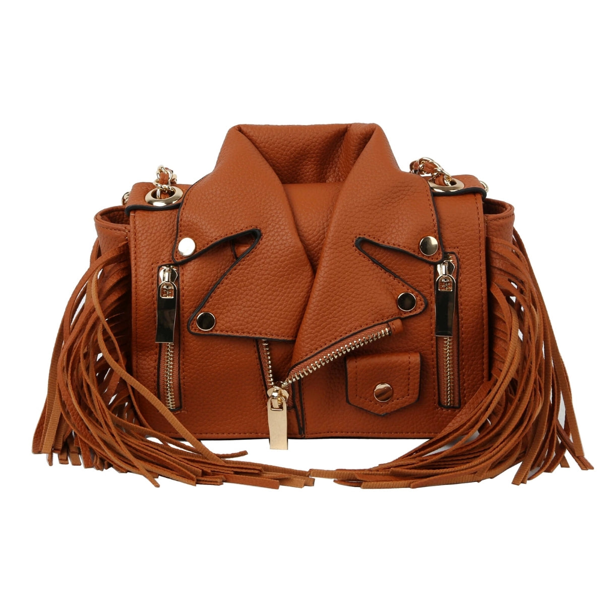 Brown Moto Jacket Fringe Crossbody