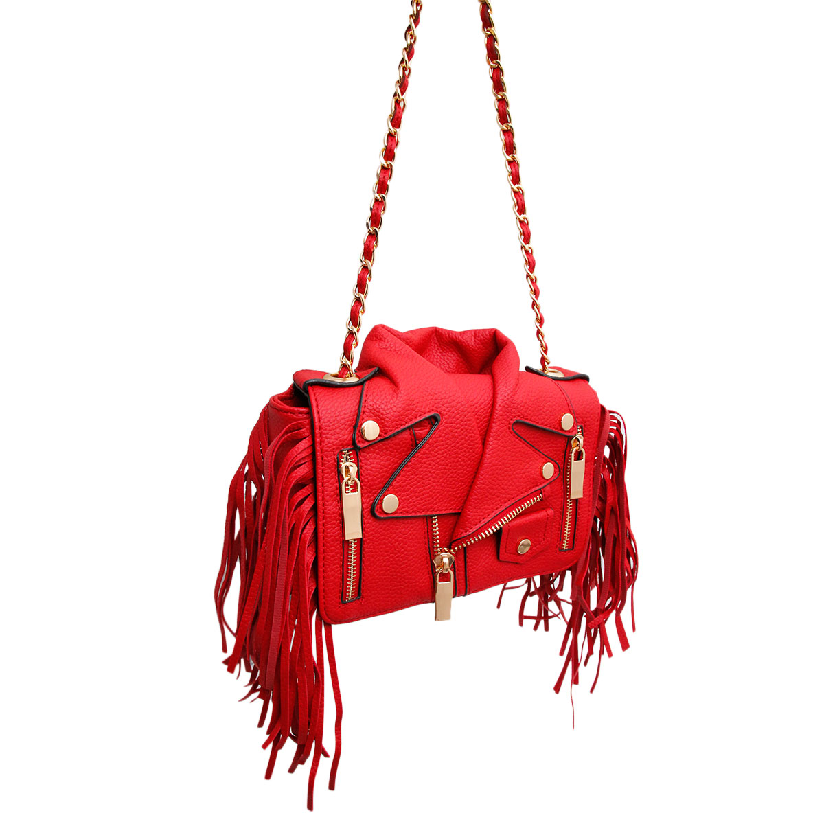 Red Moto Jacket Fringe Crossbody