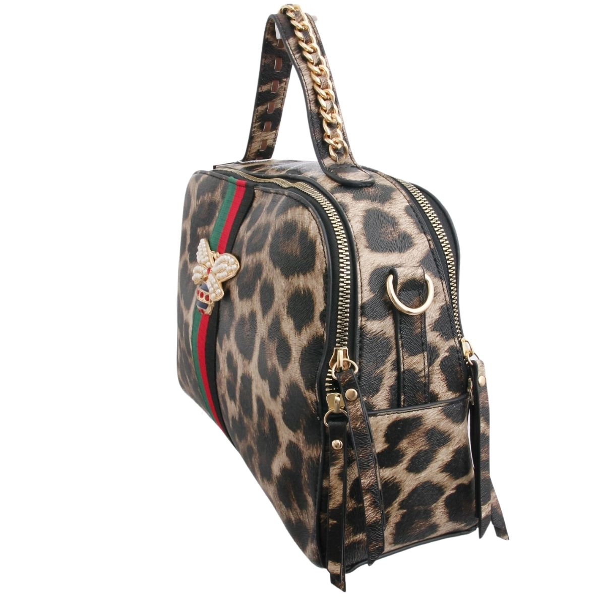 Leopard Print Stripe Top Handle Handbag Set