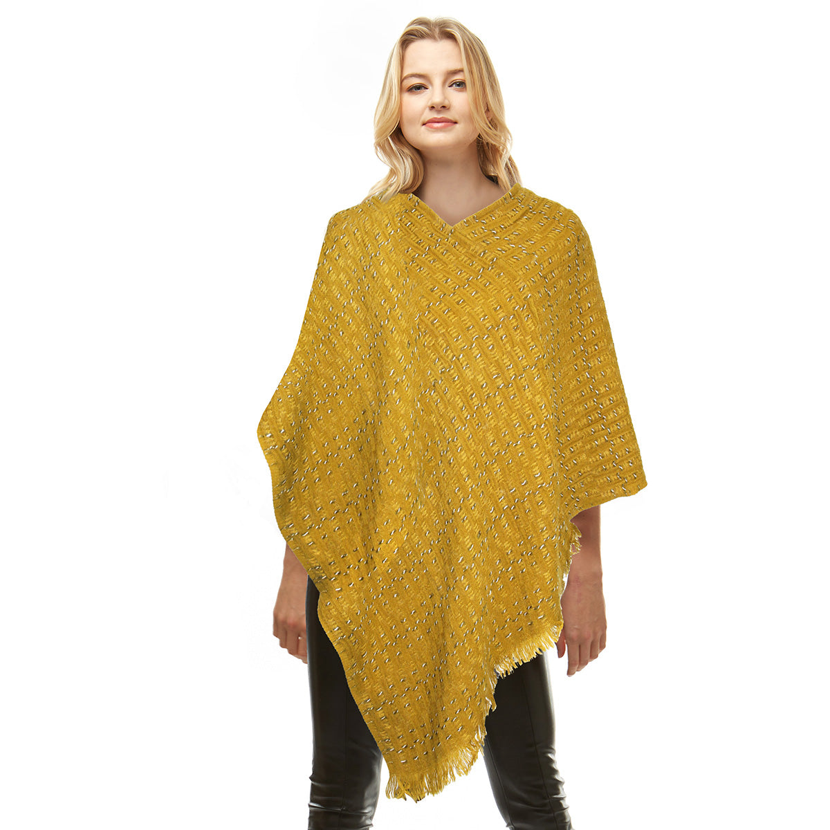 Mustard Solid Plaid Poncho
