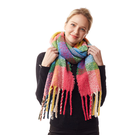 Pink Plaid Fuzzy Fringe Scarf