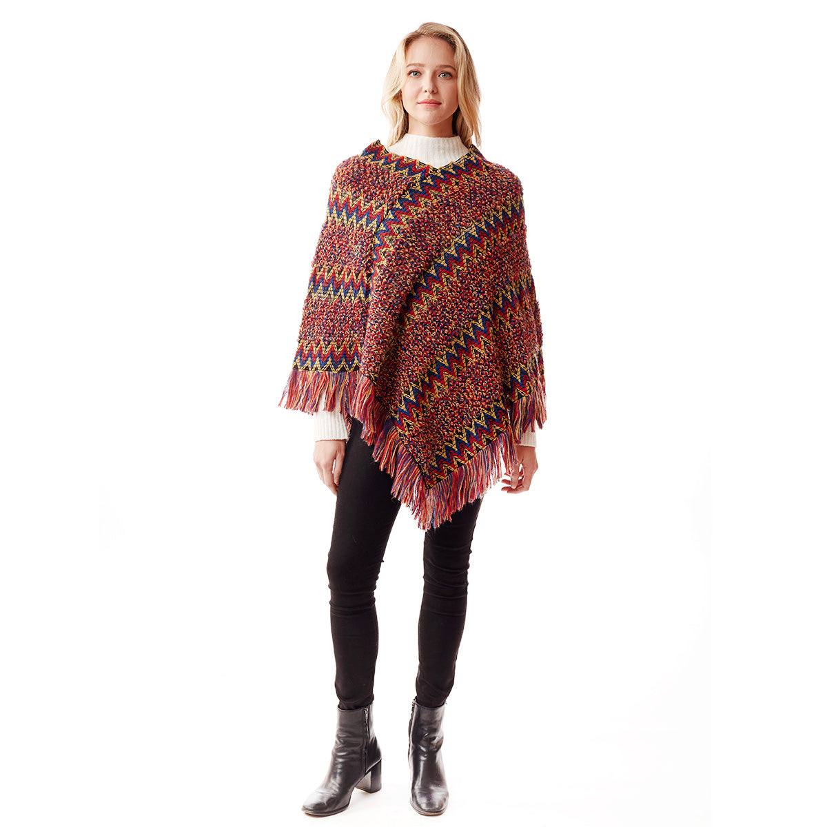 Red Knit Boho Chevron Poncho