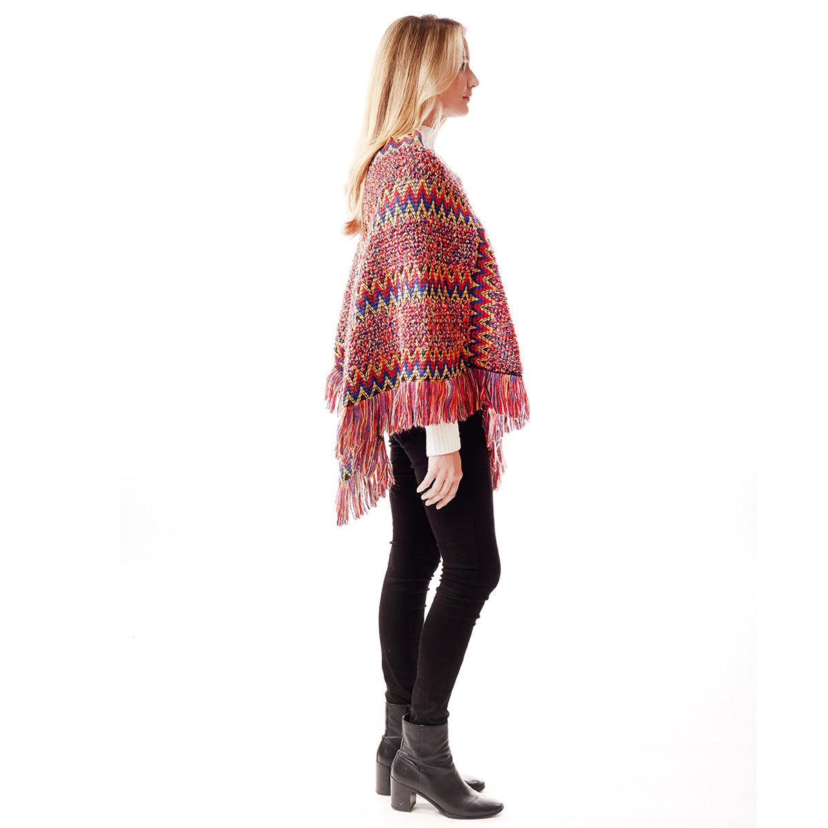 Red Knit Boho Chevron Poncho