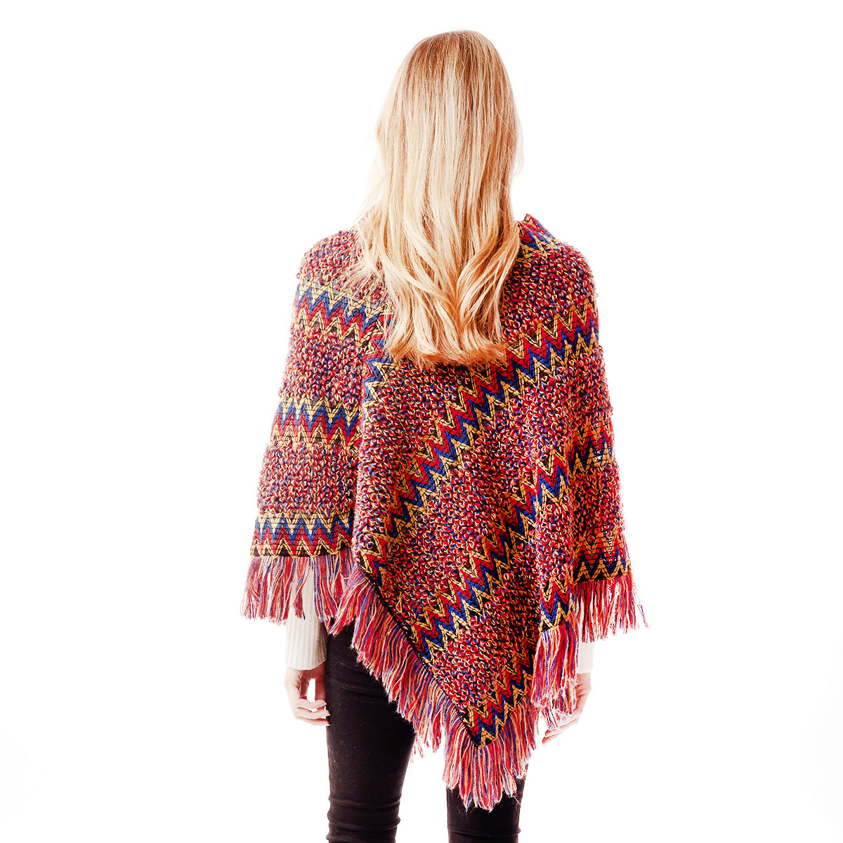 Red Knit Boho Chevron Poncho