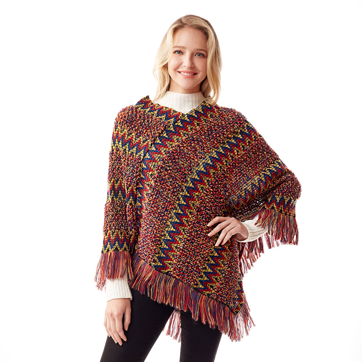 Red Knit Boho Chevron Poncho