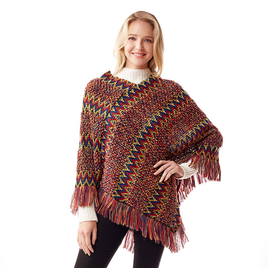Red Knit Boho Chevron Poncho