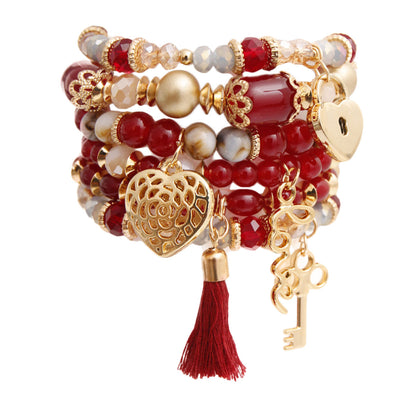 Love Charm Burgundy Bead Stretch Bracelet Set