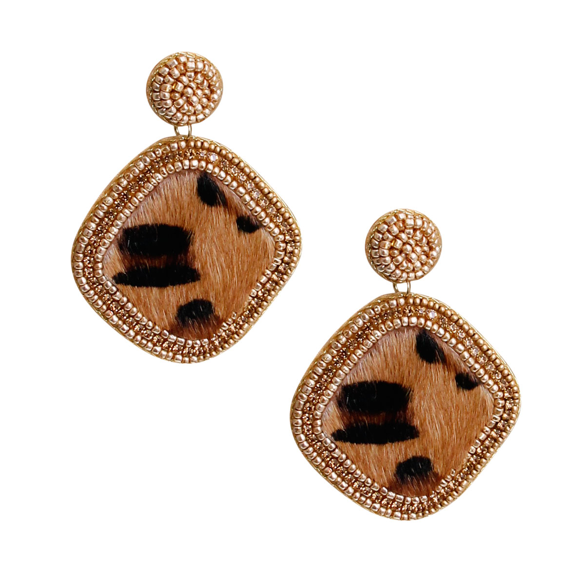 Gold Bead Leopard Fur Earrings