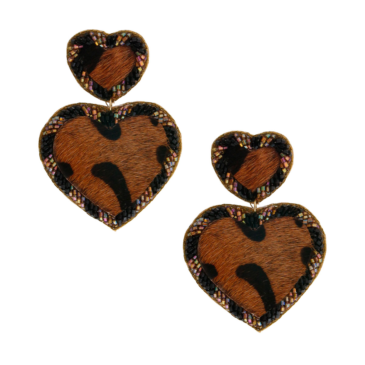 Leopard Fur Bead Heart Earrings