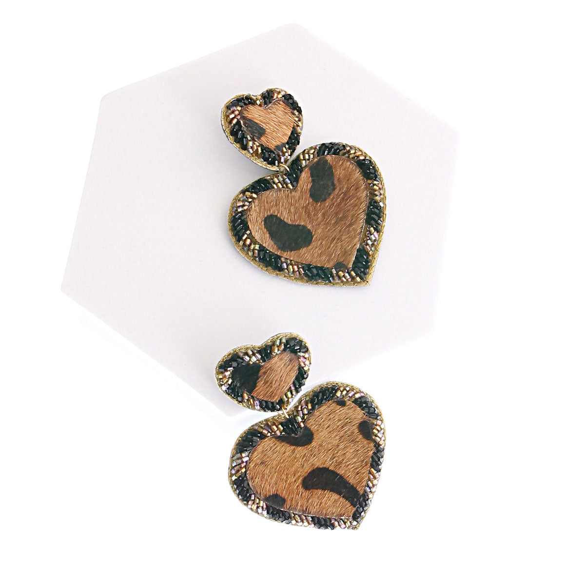 Leopard Fur Bead Heart Earrings