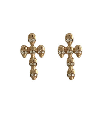 Gold Rhinestone Skull Cross Earrings