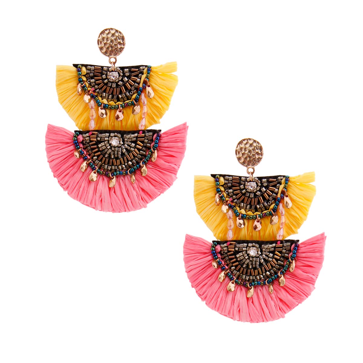 Yellow and Pink Raffia Tassel Earrings