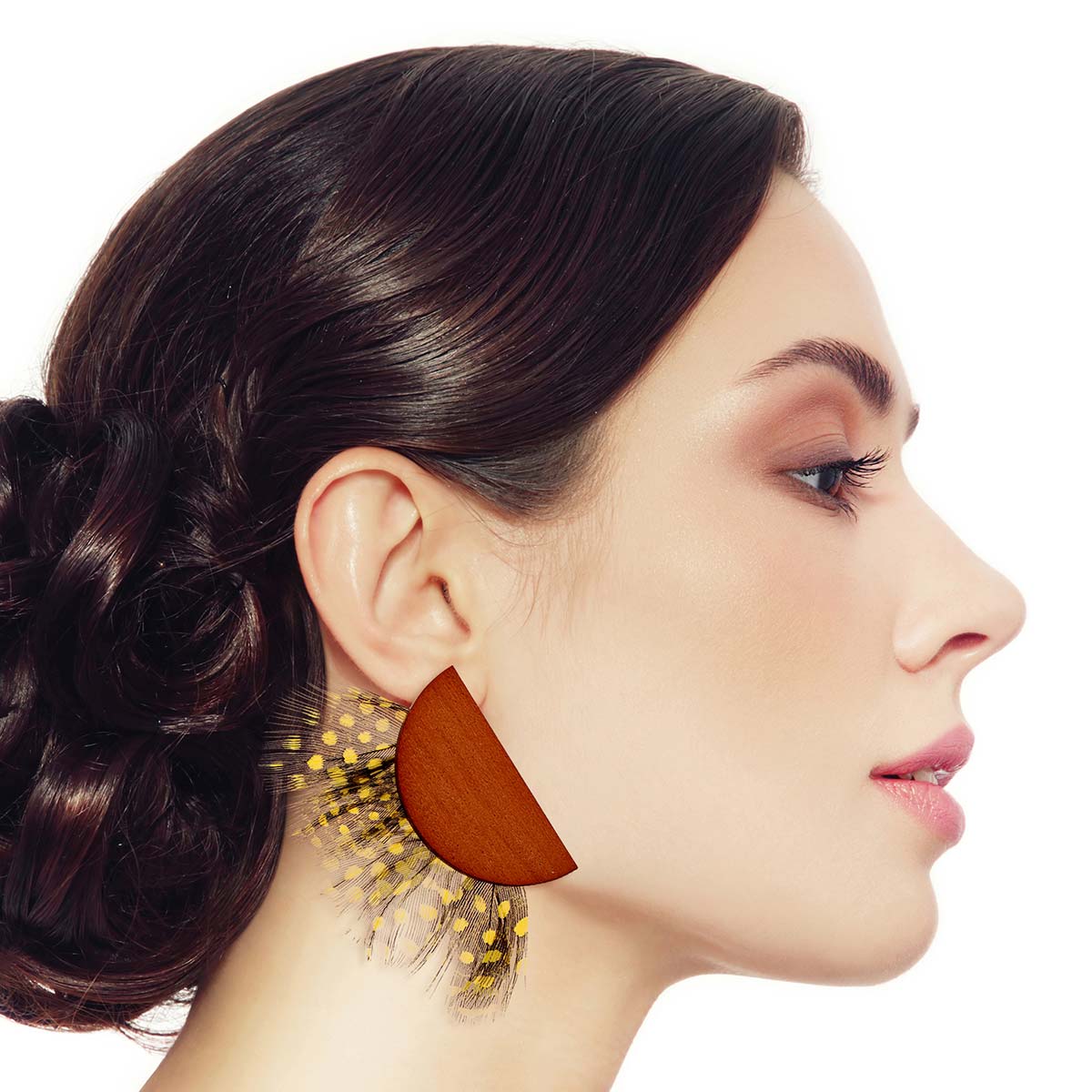 Wood Yellow Dotted Feather Earrings