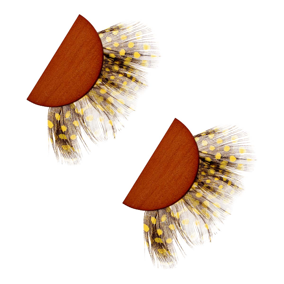 Wood Yellow Dotted Feather Earrings