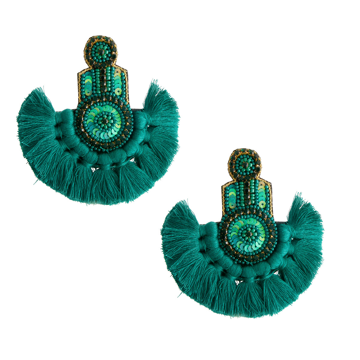 Green Bead and Knot Tassel Earrings